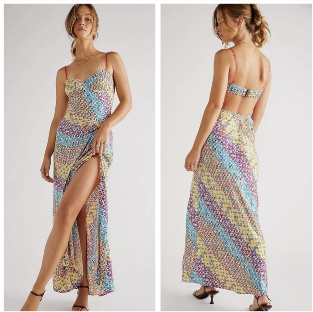 Free People Kaleidoscope Rainbow Open Back Course Top Midi Dress NWT M